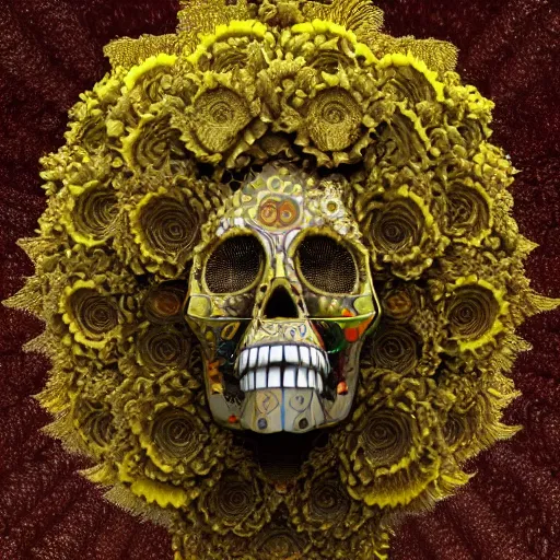 Image similar to fractal golden skull face with an afro made of flowers, third eye art art by machina infinitum, infinite intricacy, rendered in octane, mandelbulb 3 d, ambient occlusion, macro photography, black opal