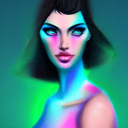 Image similar to portrait of a woman inspired by lois van baarle, iridescent, holographic, neon, natural, model, self - confidence, light make - up