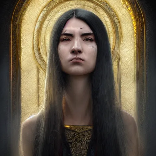 Prompt: portrait of a beautiful female cleric with long black hair and a angry face. And carry a long needle in his hands. Epic fantasy. beautiful. hyperrealism symetric face cinematic top lighting, insanely detailed and intricate, face by wlop, Charlie Bowater, golden ratio, symmetric, elegant, ornate, luxury, elite, matte painting, cinematic, trending on artstation, deviantart and cgsociety, 8k, high resolution