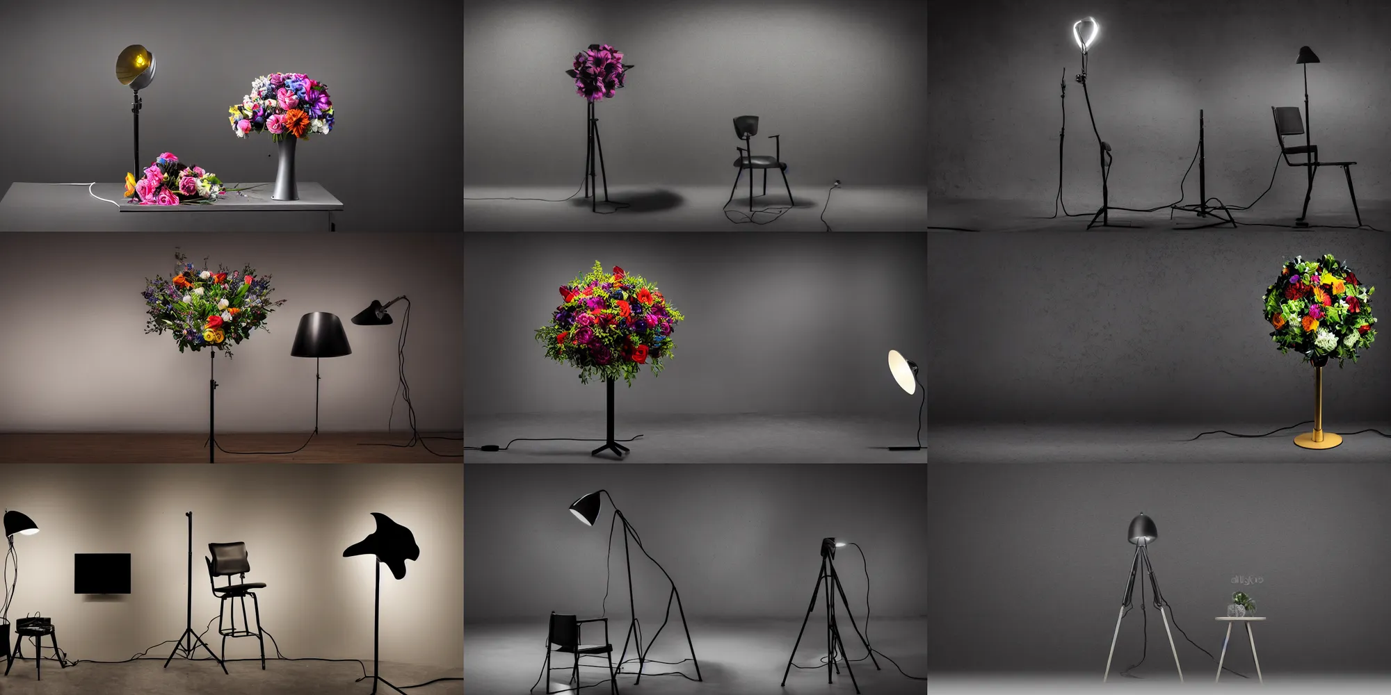 Prompt: detailed studio photograph, wide angle, dark background! pitch black! studio setting, darkness, high quality, elegance, tv production, pitch black background, single chair, standing lamp luxury, famous designer lamp, single chair, tall colorful flower bouquet oppulent