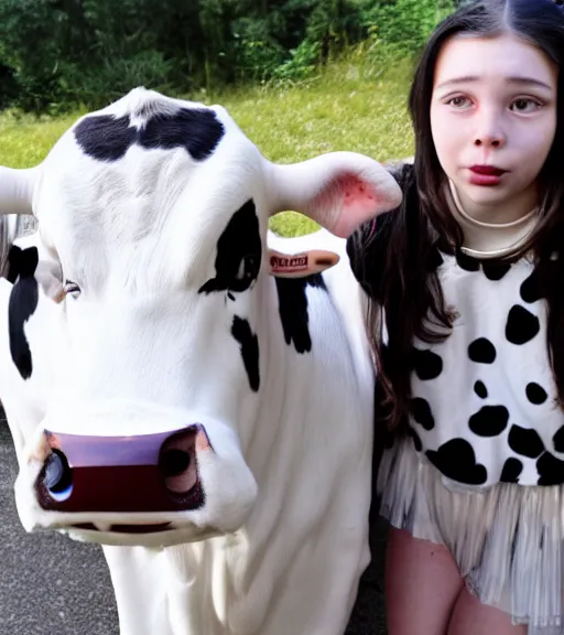 Image similar to A photo of a girl cosplaying as a cow terrified of bottled milk, extremely detailed