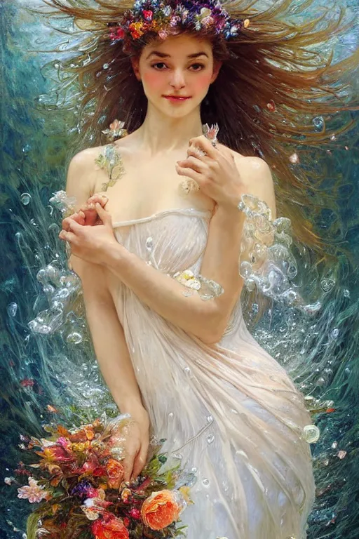 Image similar to portrait of a beautiful woman wearing a white dress, holding a bouquet of flowing flowers, drenched body, wet dripping hair, emerging from the water, fantasy, regal, fractal crystal, fractal gems, by stanley artgerm lau, thomas kindkade, alphonse mucha, loish, norman rockwell