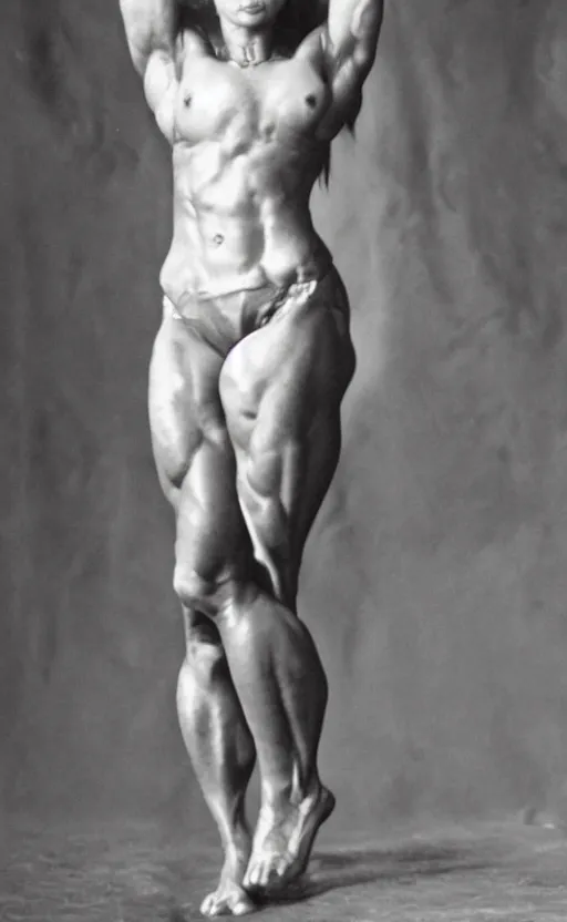 Image similar to gigachad as woman, full body photo, bodybuilder Ernest Khalimov, black and white photograph