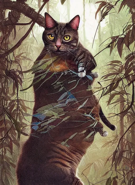 Image similar to a hyper realistic illustrated cat with playing with a bird in the woods gorgeous lighting, lush forest foliage painting by chiara bautista and beksinski and norman rockwell and greg rutkowski weta studio, and lucasfilm