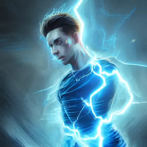 Image similar to a young man with glowing blue eyes sparkling with blue lightning. sparks. electricity. digital art. fantasy. matte painting sharp focus. highly detailed. uhd. by sparth. albert aublet. huang guangjian.