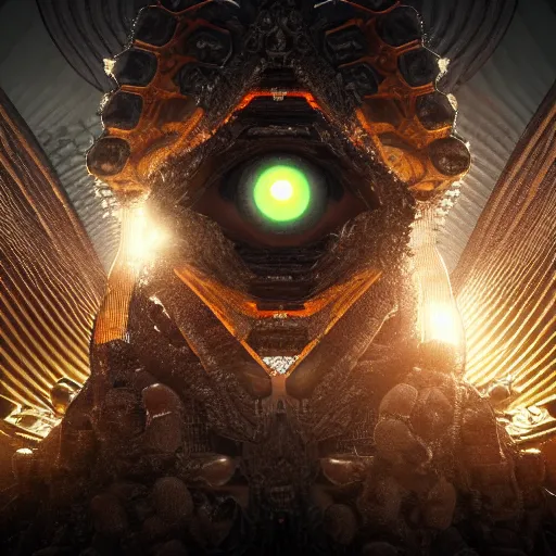 Image similar to trapped technological deity with eyes made of interstellar stargates and molten honeycomb structure, intricate detail, royo, whealan, giger, hd, 8 k, octane render, unreal engine,