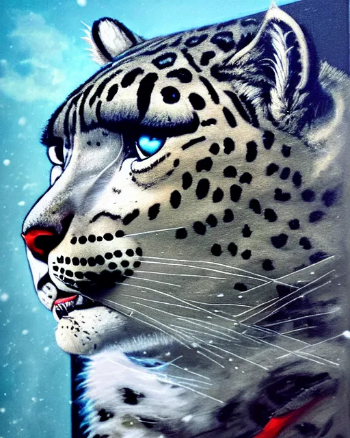 Image similar to a portrait of an anthropomorphic cyberpunk snow leopard by sandra chevrier, by jon foster, detailed render, tape deck, epic composition, cybernetics, 4 k realistic, cryengine, realistic shaded lighting, sharp focus, masterpiece, by enki bilal