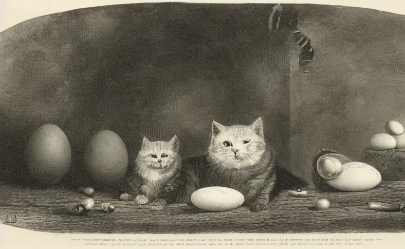 Image similar to huge cat guarding it's eggs from the business men. strange, photograph, photorealistic, 1850s