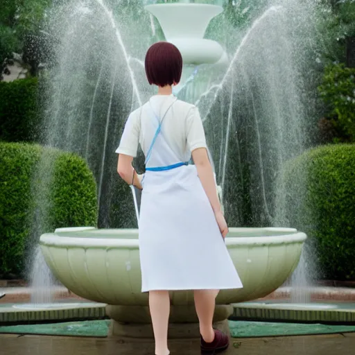 Image similar to a full body portrait of a young woman wearing a white apron standing in front of a fountain in a park, makoto shinkai, james gilleard, very detailed, matte, gaussian blur, tone mapped William-Adolphe, photo taken with Sony a7R