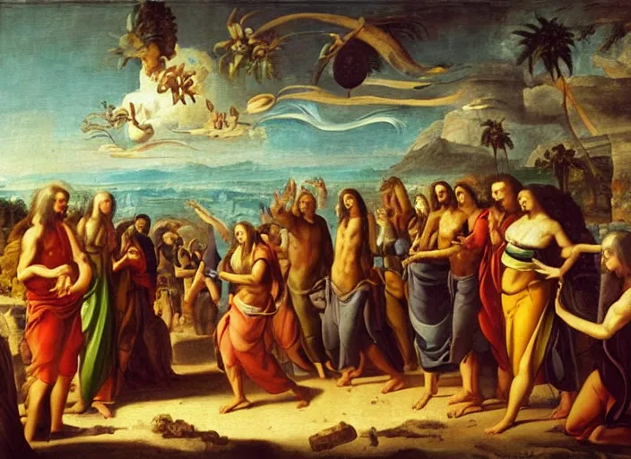Image similar to : „a painting of a group of people outside in tropical desert Atlantis city pointing at a UFO in the sky, an ultrafine detailed painting by Giovanni Paolo Pannini, cg society, renaissance, da vinci, detailed painting, academic art“