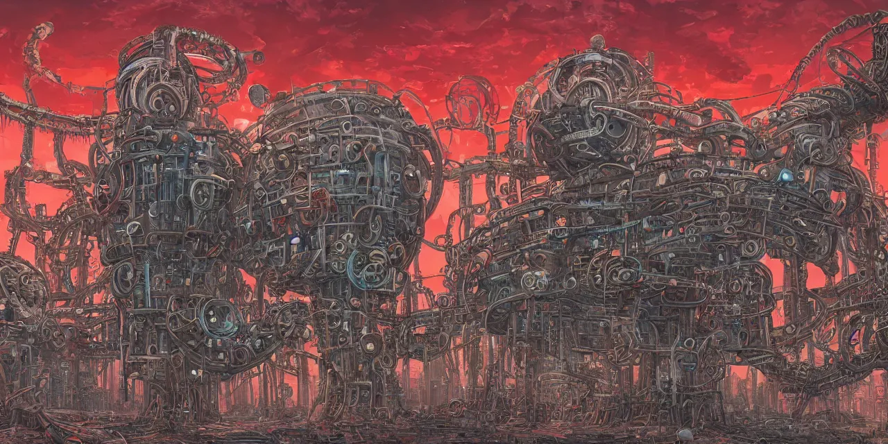 Prompt: hyper detailed comic illustration of a giant fleshy bio-mechanical machine tower with one eyeball at the top, overlooking a dystopian wasteland, bright colors with red hues, lovecraftian