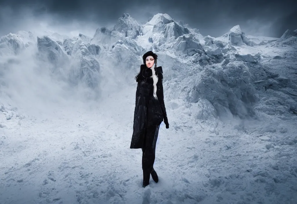 Image similar to fashion editorial in snow avalanche. gigantic snow storm mountain. wide angle shot. highly detailed. depth of field. high definition. 8k. photography.