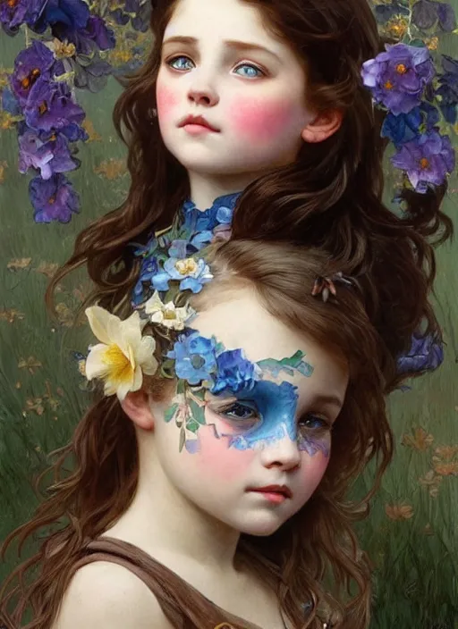 Prompt: a little girl with short wavy brown hair and blue eyes with her face painted. face painting of flowers. beautiful highly detailed face. painting by artgerm and greg rutkowski and alphonse mucha.