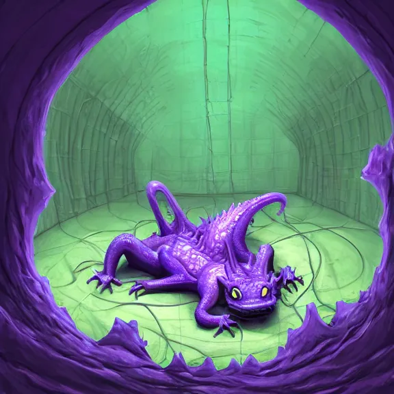 Image similar to inside a cavernous living stomach, the walls purple and pulsing, lots of acid pooling up on the floor, digesting and dissolving a small dragon, food pov, micro pov, vore, digital art, furry art, anthro art, high quality, 8k 3D realistic, macro art, micro art, Furaffinity, Deviantart, Eka's Portal, G6