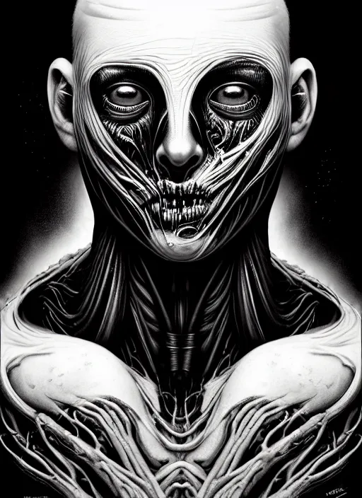 Image similar to a dream portrait of a shy boy, black & white, melting, webbing, 8 k, by tristan eaton, stanley artgerm, tom bagshaw, greg rutkowski, carne griffiths, ayami kojima, beksinski, giger, trending on deviantart, face enhance, hyper detailed, minimalist, horror, alien