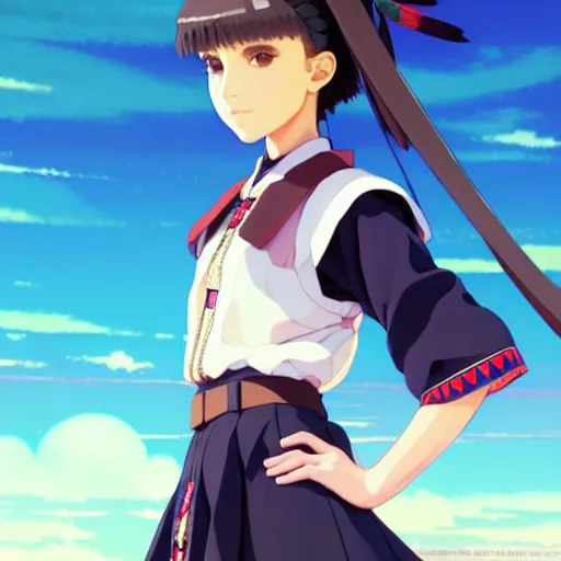 Image similar to a beautiful! boyish! natalie portman model, wearing catholic school girl outfit with mayan pattern and native style, aztec street fashion, guilty gear art direction, gapmoe yandere grimdark, trending on pixiv fanbox, painted by greg rutkowski makoto shinkai takashi takeuchi studio ghibli, akihiko yoshida