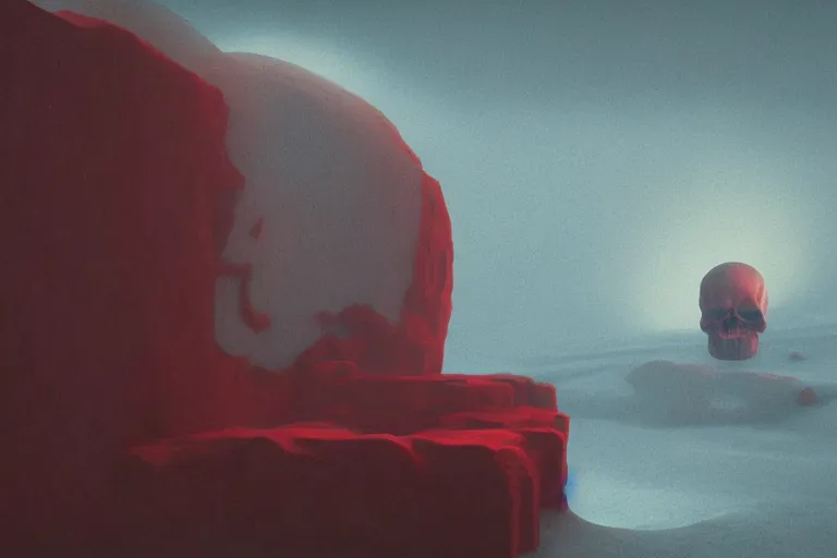 Image similar to a hd render of a floating red skull, surreal frozen landscape, 8 k, cinematic lighting, by beeple and zdzisław beksinski