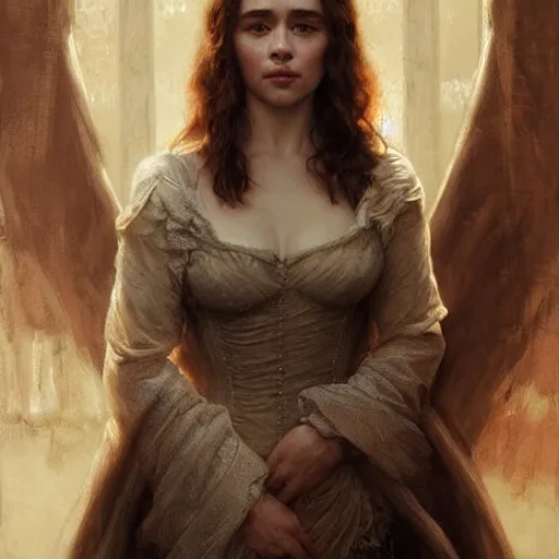 Prompt: beautiful striking Pre-Raphaelite Emilia Clarke by Artgerm and Greg Rutkowski, intricate, elegant, highly detailed, digital painting, pale