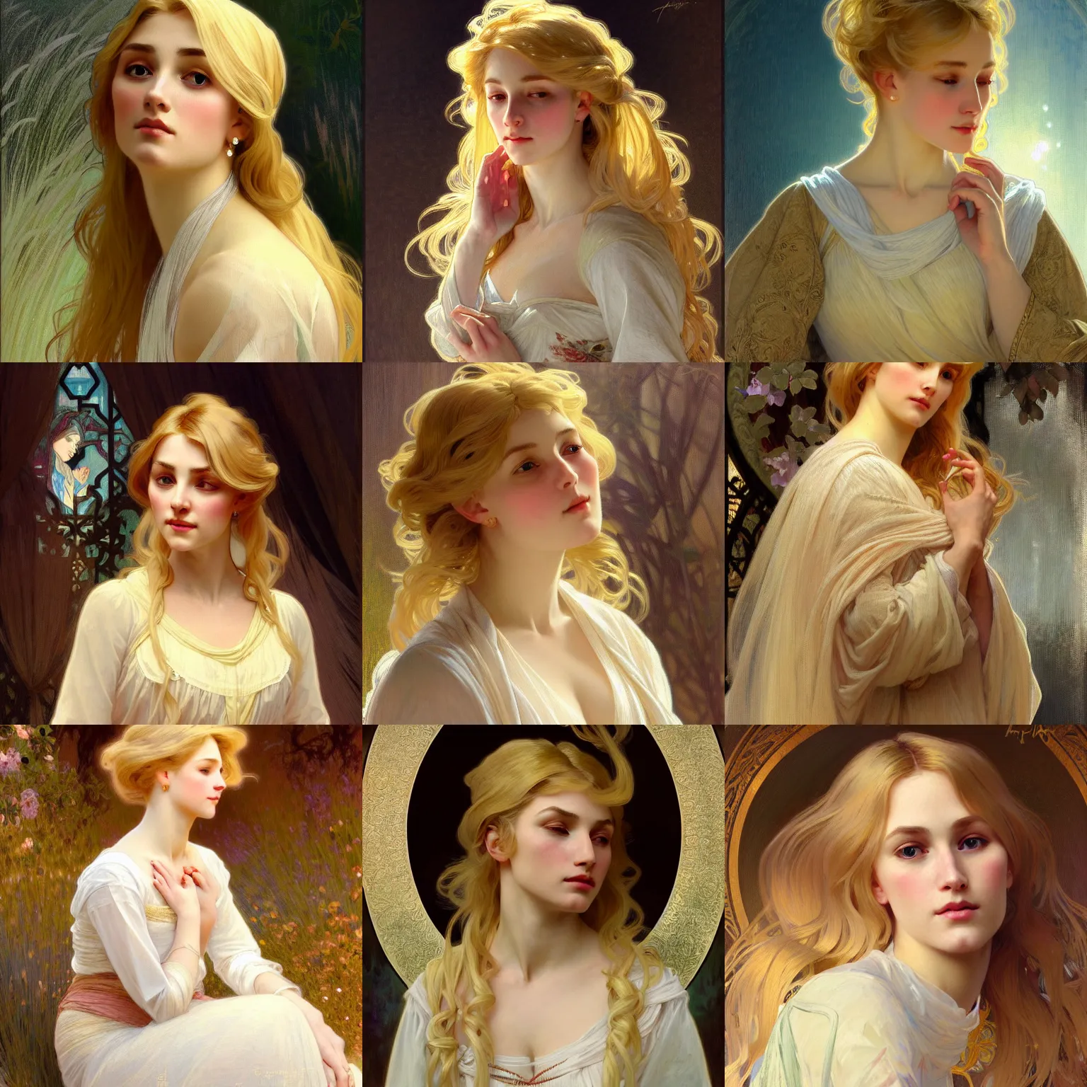 Image similar to painted portrait of a modest wife blessed by god with ever - increasing intelligence beauty and virtue. blonde, clothed holy body, light effect. feminine, powerful, in clothes! intricate, elegant, highly detailed, digital painting, artstation, concept art, smooth, sharp focus, illustration, art by gaston bussiere and alphonse mucha