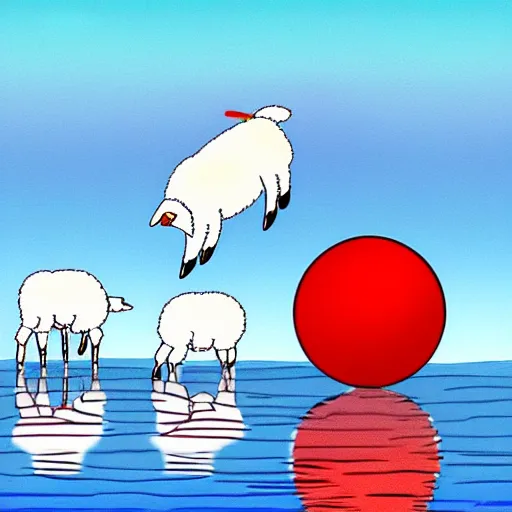 Image similar to cartoon drawing of a seal tossing a red ball with a white lamb in antarctica. the seal's head is sticking out above the water and the sheep is standing near the edge of ice