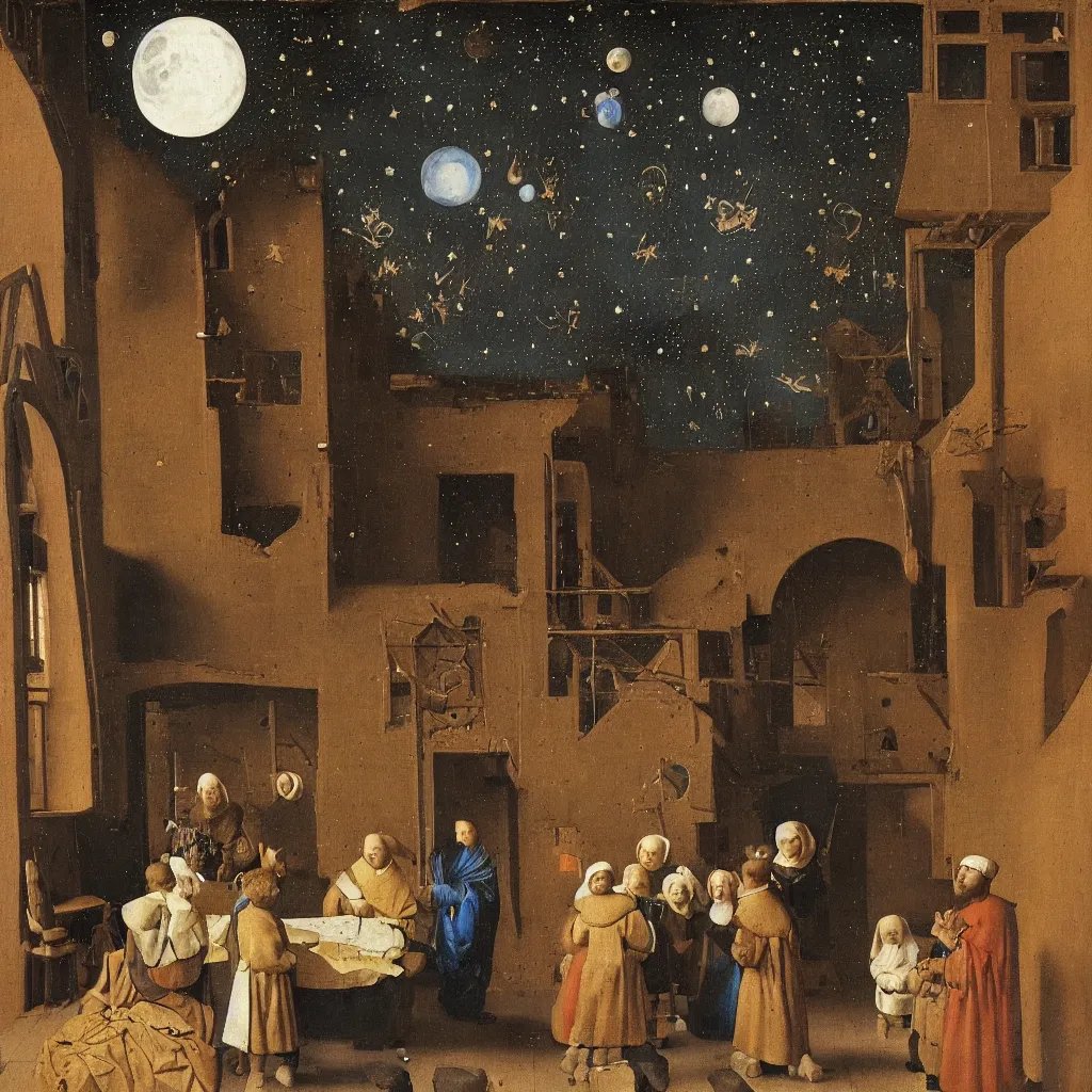 Image similar to The old teacher shows the two boys the constellations on the roof, the moon in the starry sky, medieval painting by Jan van Eyck, Johannes Vermeer, Florence