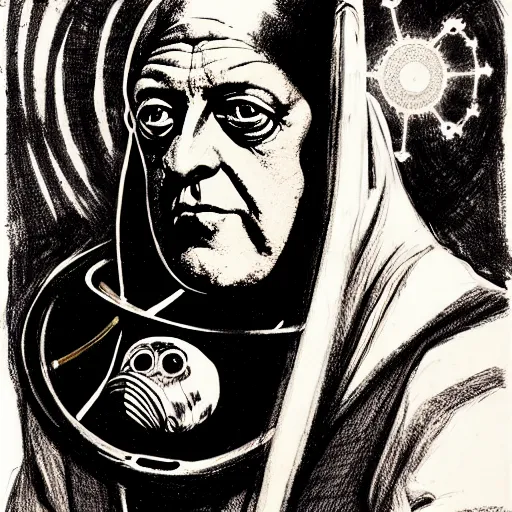 Image similar to graphic illustration, creative design, aleister crowley as an astronaut, biopunk, francis bacon, highly detailed, hunter s thompson, concept art