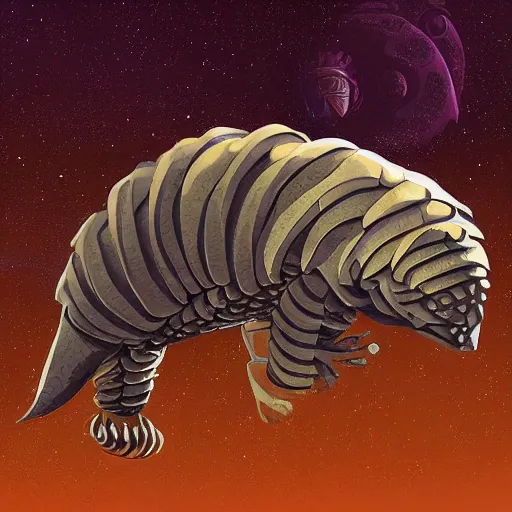 Image similar to an alien cyborg pangolin, digital art, highly detailed, fantasy, space background