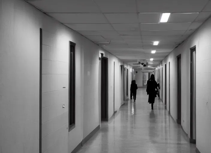 Image similar to a school corridor at night, lights off, moonlight coming through the window