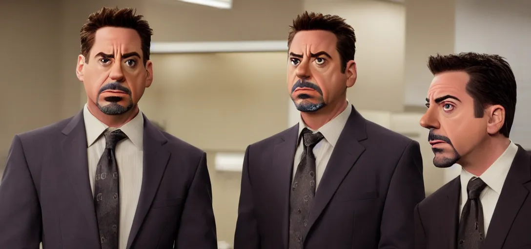 Image similar to a very high resolution image of tony stark and micheal scott. from an episode of the office. photorealistic, photography