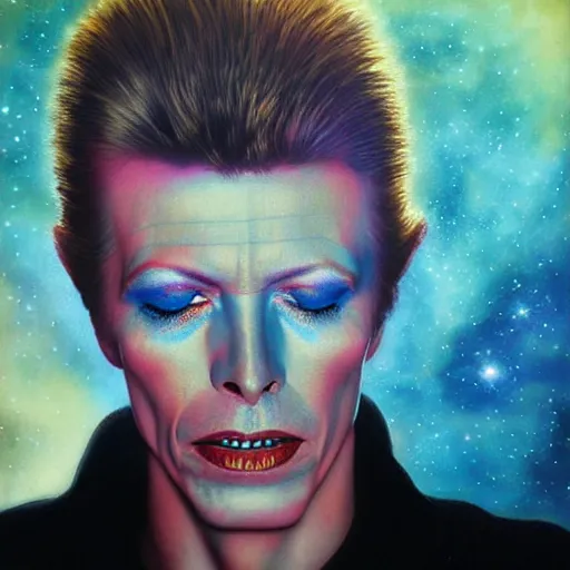 Prompt: UHD tonalism cosmic painting of David Bowie, by Antonio Caparo and Ferdinand Knab and Greg Rutkowski, UHD, photorealistic, trending on artstation, trending on deviantart