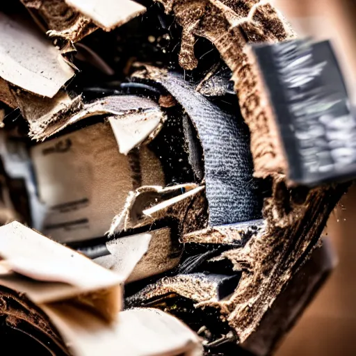 Image similar to book ripped up by a chainsaw, pieces flying everywhere, close up, dslr photo