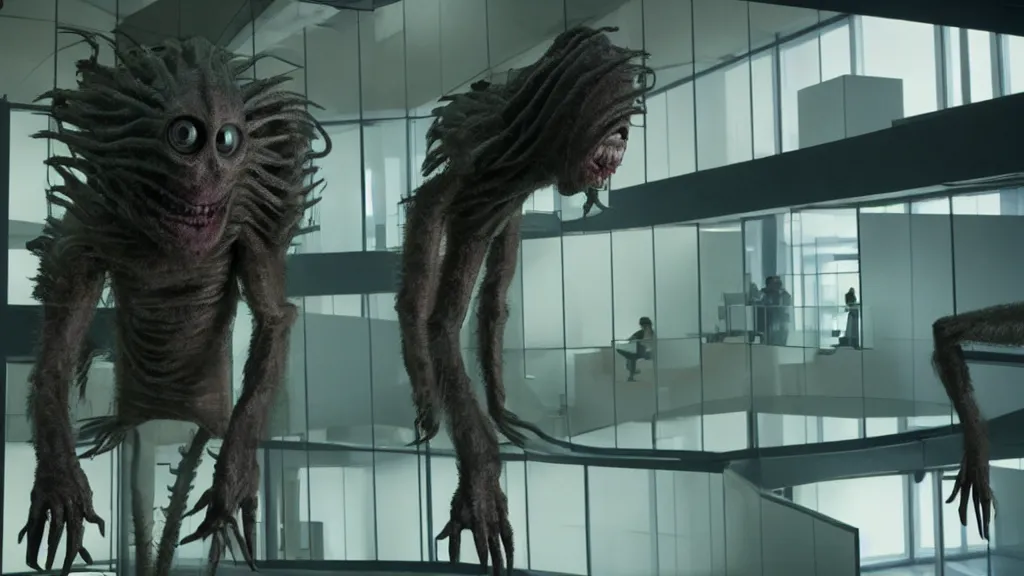 Image similar to the creature in the high tech office building, it is furious, film still from the movie directed by denis villeneuve and david cronenberg with art direction by salvador dali