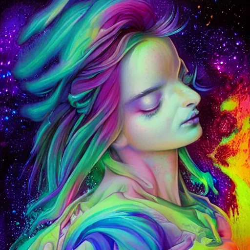 Prompt: a galaxy pink purple and blue colored psychedelic chakra awakening kundalini ethereal portrait of kim petras with her eyes closed transcending to a higher plane of existence, eternal blessing, multiverse, by android jones, by ben ridgeway, visionary art, by artgerm, featured on artstation, cgsociety, by greg rutkowski