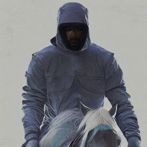 Image similar to a wideshot of a masked kanye west riding a horse into the night as riots go on in the background, dark, blue hour, cinematic lighting, by alan lee, intricate, grim, digital art, trending on artstation