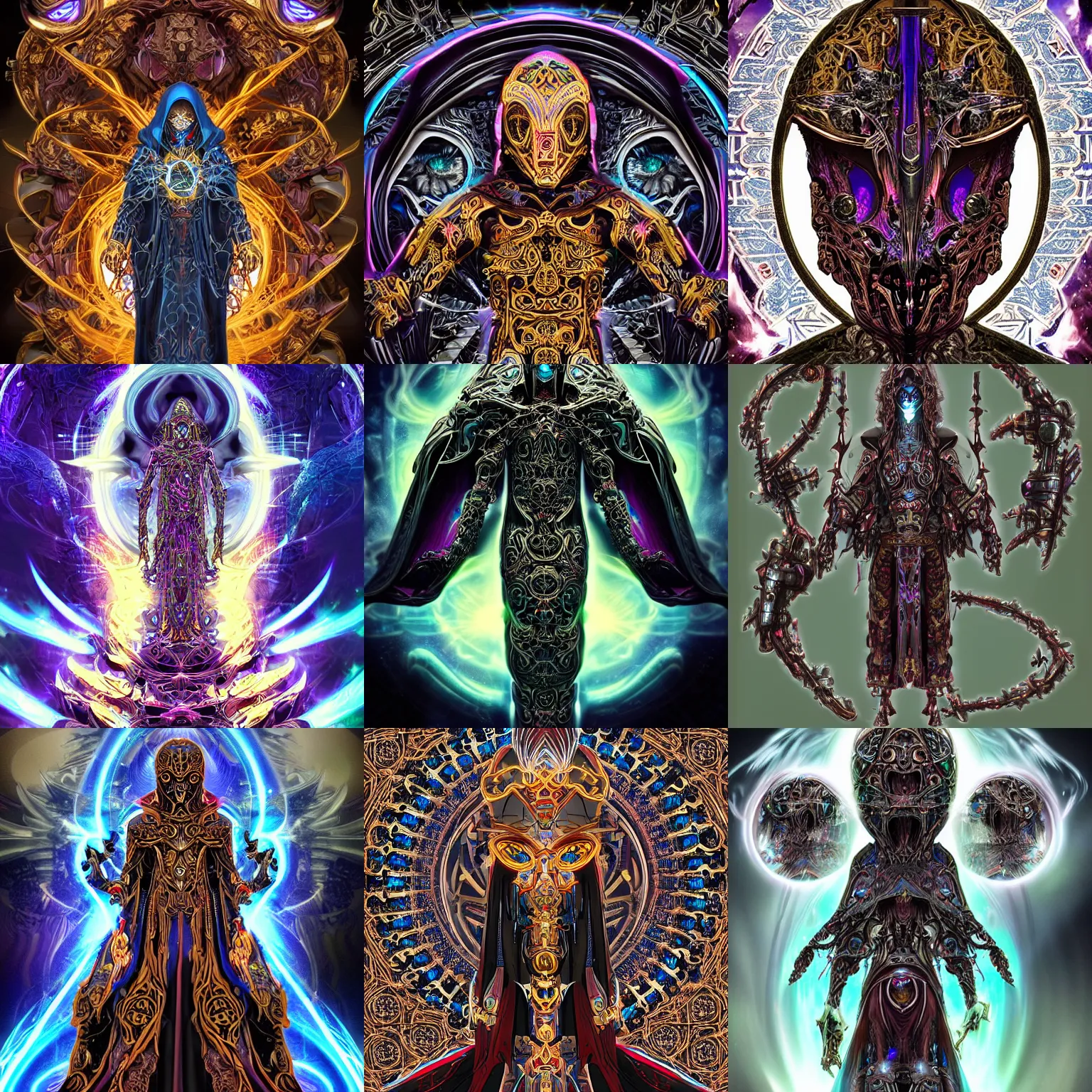 Prompt: Cloaked hooded dark complex cybernetic biomechanical entity with a human face, intricate ornate anime CGI style, rich colour and detail, powerful unstoppable deity brandishing an iridescent cosmic weapon