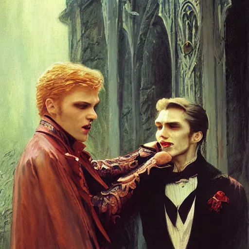 Image similar to attractive male, arthur pendragon confesses his love to attractive male dracula the vampire. highly detailed painting by gaston bussiere, craig mullins, j. c. leyendecker 8 k