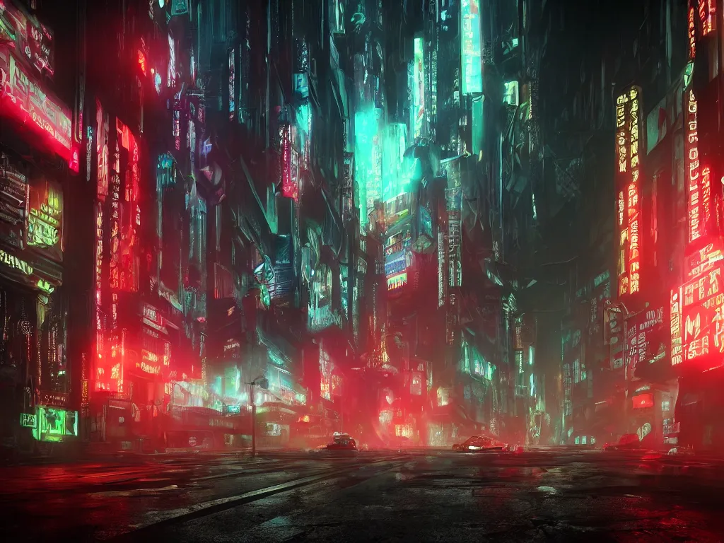 Image similar to cyberpunk lovecraft vibe in blade runner with hiromasa ogura set design, epic exterior streetscape with flying cars, high octane, stunning cinematic lighting, dark mood, abstract wet misty drizzling atmosphere, cthulhu, neon light bloom, light leaks 4 k unreal engine render lens flare