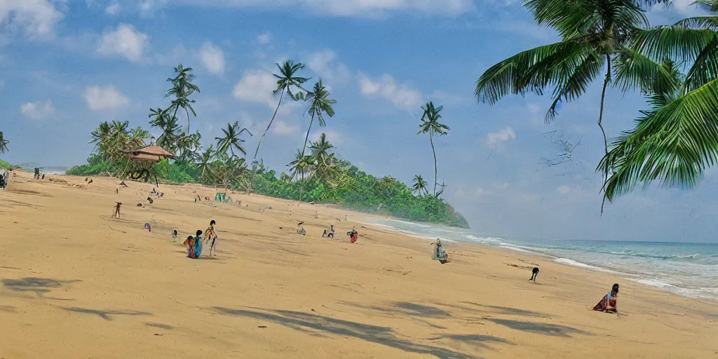 Prompt: sri lankan beach, rule of thirds, drawn by hayao miyazaki