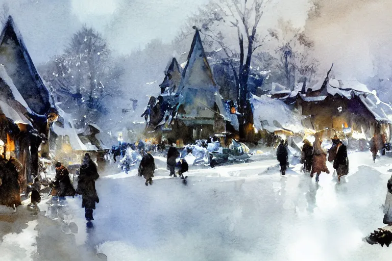 Image similar to abstract watercolor painting of village, magic diamond crystal winter, cinematic light, national romanticism by anders zorn, by greg rutkowski, by greg manchess