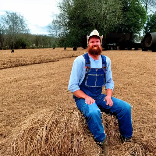 Image similar to a goofy looking redneck man, wearing overalls sitting on a haybail during a hayride holding a wrench, he is dirty and covered in grease, there are a lot of pigs in the background graising.