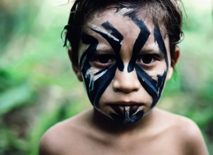 Prompt: 5 year old with warpaint, very stern look, hiding in the jungle, portrait, close-up, cinestill colour, anamorphic