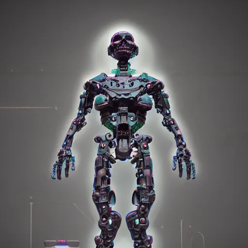 Prompt: cybernetic overlord of the demonverse, skull, upper torso included, medium shot, 1 0 0 mm lens, f 2. 8, hard surface, ceramics, reflections, ambient occlusion, raytracing, unreal engine 5, pixel art 8 - bit, by beeple