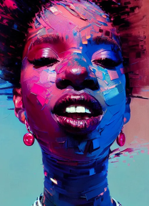 Image similar to portrait of a beautiful black woman, smiling, ecstatic, dancing, eyes closed, open mouth, shades of pink and blue, beautiful face, rule of thirds, intricate outfit, spotlight, by greg rutkowski, by jeremy mann, by francoise nielly, by van gogh, digital painting