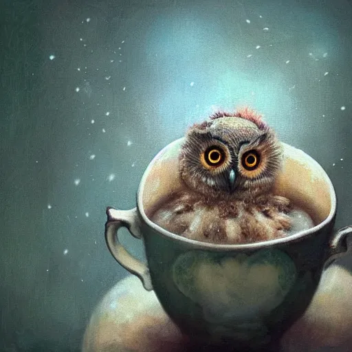 Prompt: long shot of a very cute owl chick nesting in a very romantique cup, by esao andrews, by james jean, marc simonetti, by victo ngai, humorous illustration, hyperrealistic, big depth of field, warm colors, night scenery, dim light, 3 d octane render, 4 k, hyperdetailed, hyperrealistic, trending on artstation