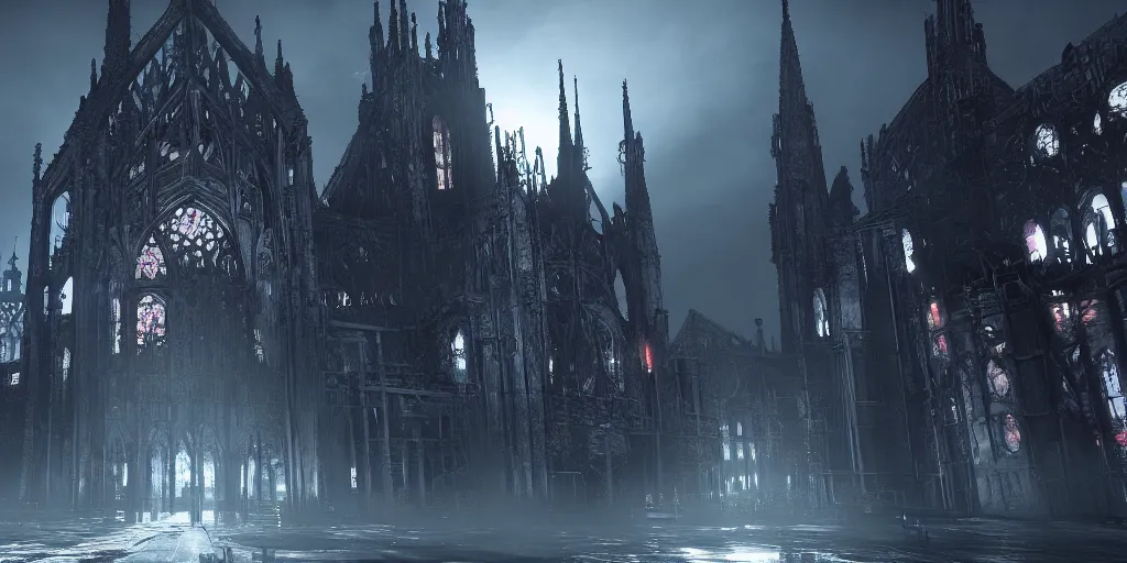 Image similar to grimdark tsutomu nihei aposimz gothic cathedral city, unreal engine, 8 k, ultra realistic, ultra detail