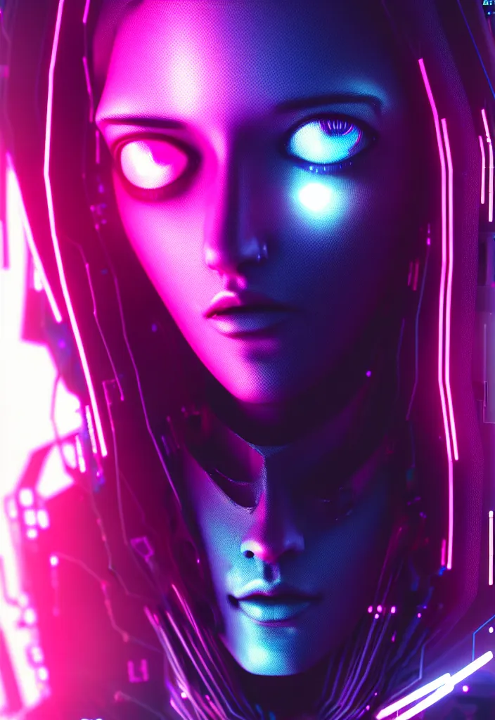 Image similar to ultra realistic digital portrait of robot, cyberpunk, glitchcore, synthwave art, detailed, masterpiece, trending on artstation, featured on pixiv, hd, 4 k, 8 k
