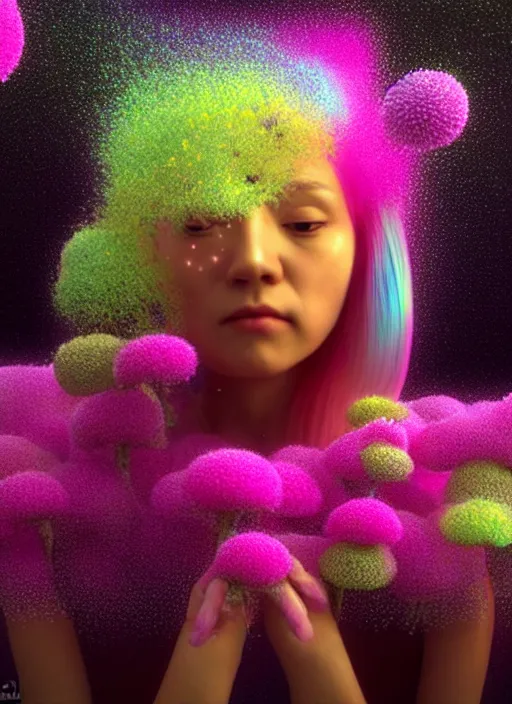 Prompt: hyper detailed 3d render like a Oil painting - kawaii Aurora (Singer) seen Eating of the Strangling network of colorful yellowcake and aerochrome and milky Fruit and Her delicate Hands hold of gossamer polyp blossoms bring iridescent fungal flowers whose spores black the foolish stars by Jacek Yerka, Mariusz Lewandowski, Houdini algorithmic generative render, Abstract brush strokes, Masterpiece, Edward Hopper and James Gilleard, Zdzislaw Beksinski, Mark Ryden, Wolfgang Lettl, Dan Hiller, hints of Yayoi Kasuma, octane render, 8k