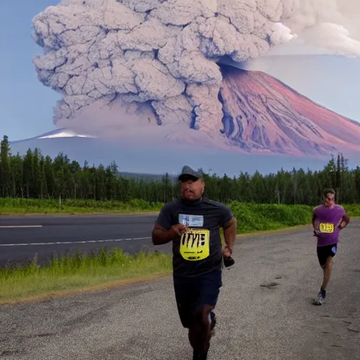 Prompt: a man in the foreground running with a terrified look on his face glancing behind him with mt st helens erupting behind him and ash is headed towards him