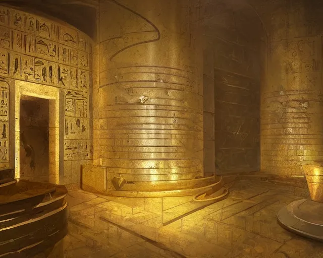 Prompt: a bank vault full gold ingots in the style of ancient egypt, art by greg rutkowski and artgerma, concept art design architecture