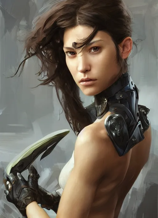 Image similar to a professional painting of a beautiful young female, clothed in stealth armor, olive skin, long dark hair, beautiful bone structure, symmetrical facial features, intricate, elegant, digital painting, concept art, smooth, sharp focus, illustration, from Metal Gear, by Ruan Jia and Mandy Jurgens and Artgerm and William-Adolphe Bouguerea
